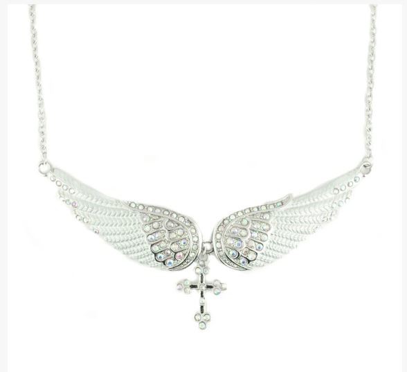 White Painted Winged Necklace With Cross White Imitation Crystals
