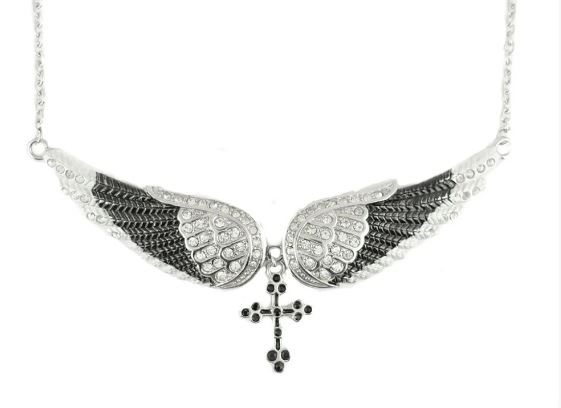 Black Painted Winged Necklace With Cross White Imitation Crystals