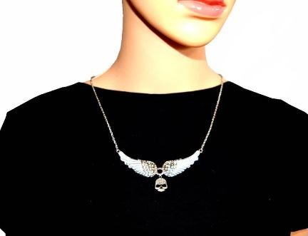 Small White Painted Winged  Necklace  With Skull Iridescent Imitation Crystals