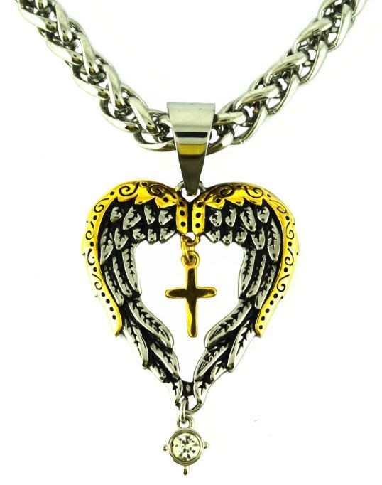 Winged Heart Cross Imitation Diamond Pendant With 22