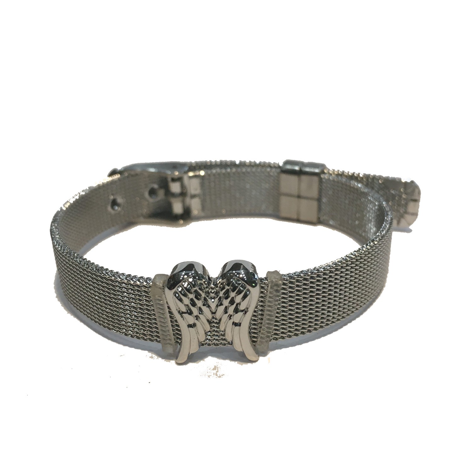 MESH SILVER KEEPER BRACELET WITH CLEAR CRYSTAL EMBELLISHED PEARL