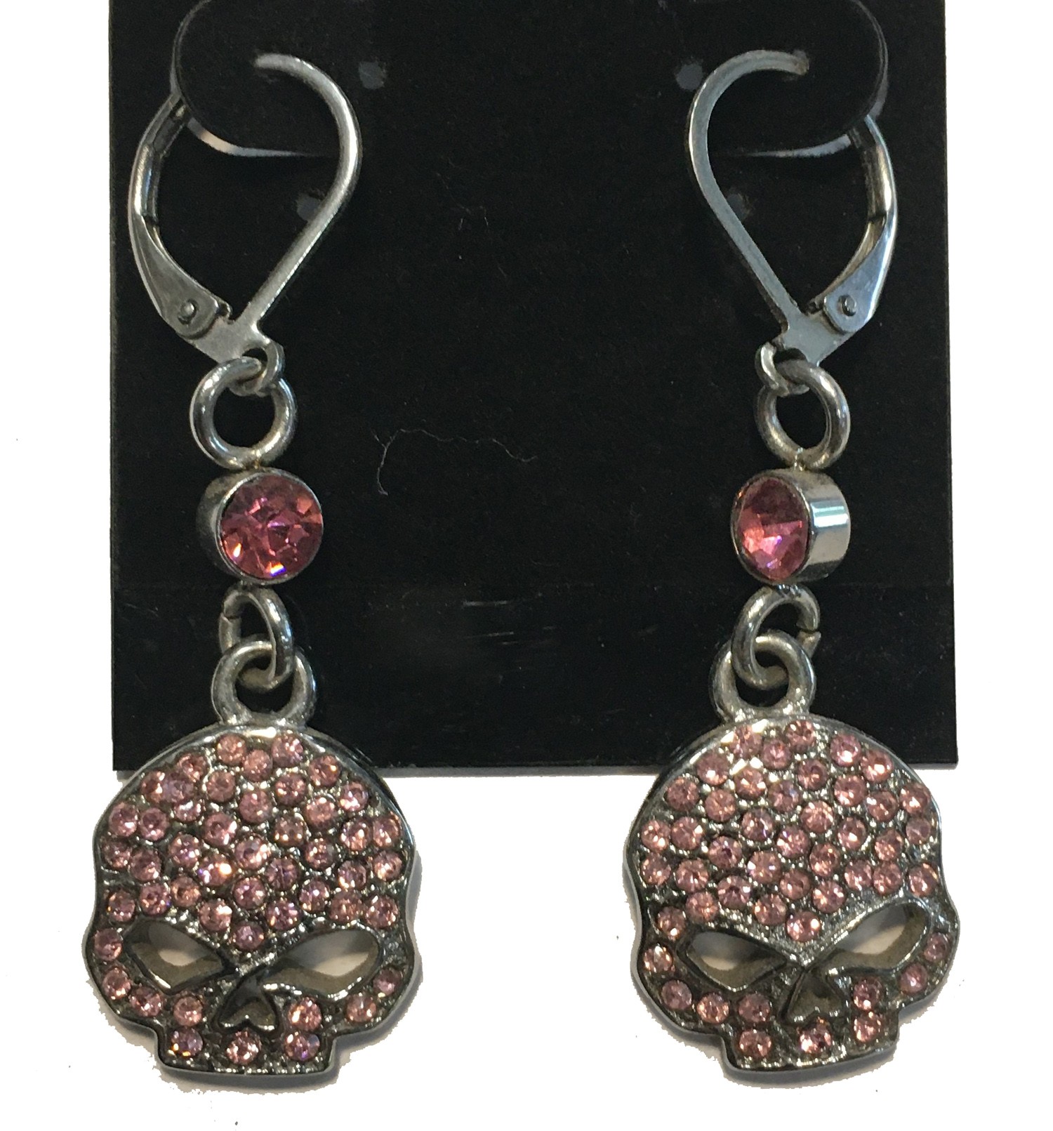 SKULL PINK CRYSTAL DANGLE LATCHBACK EARRINGS STAINLESS STEEL