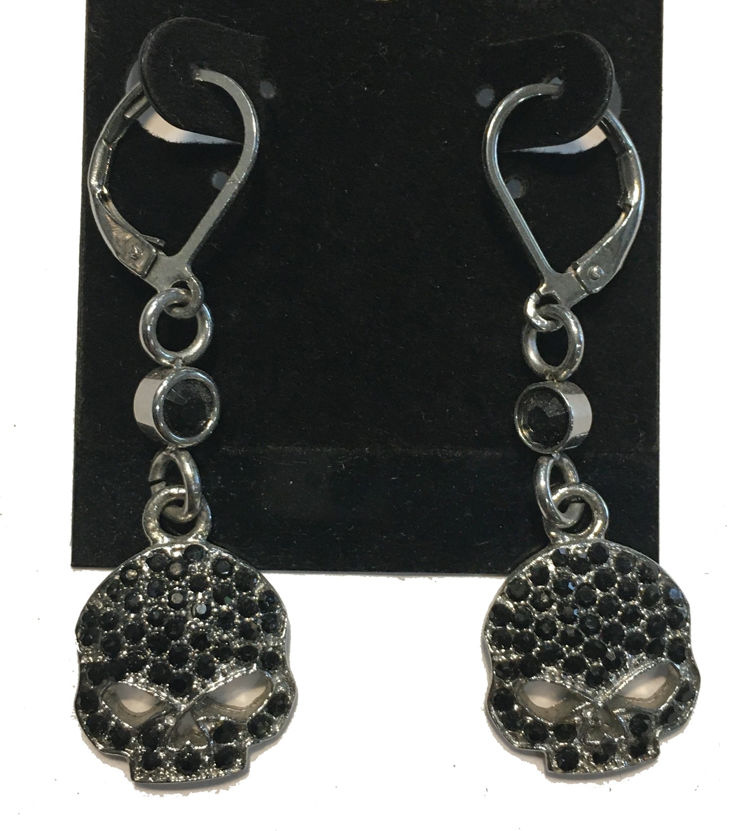 SKULL BLACK CRYSTAL DANGLE LATCHBACK EARRINGS STAINLESS STEEL