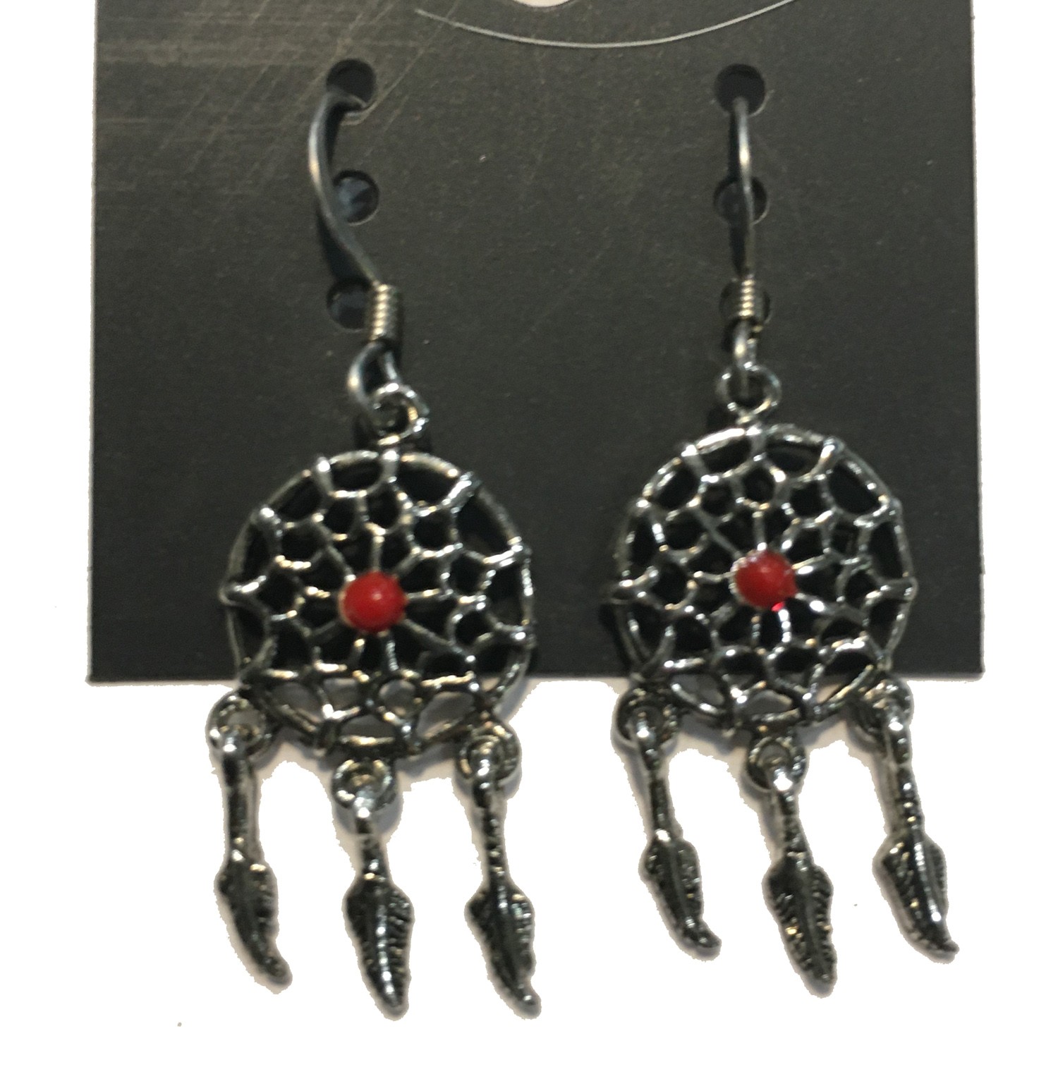 DREAMCATCHER WITH RED ACCENT EARRINGS STAINLESS STEEL