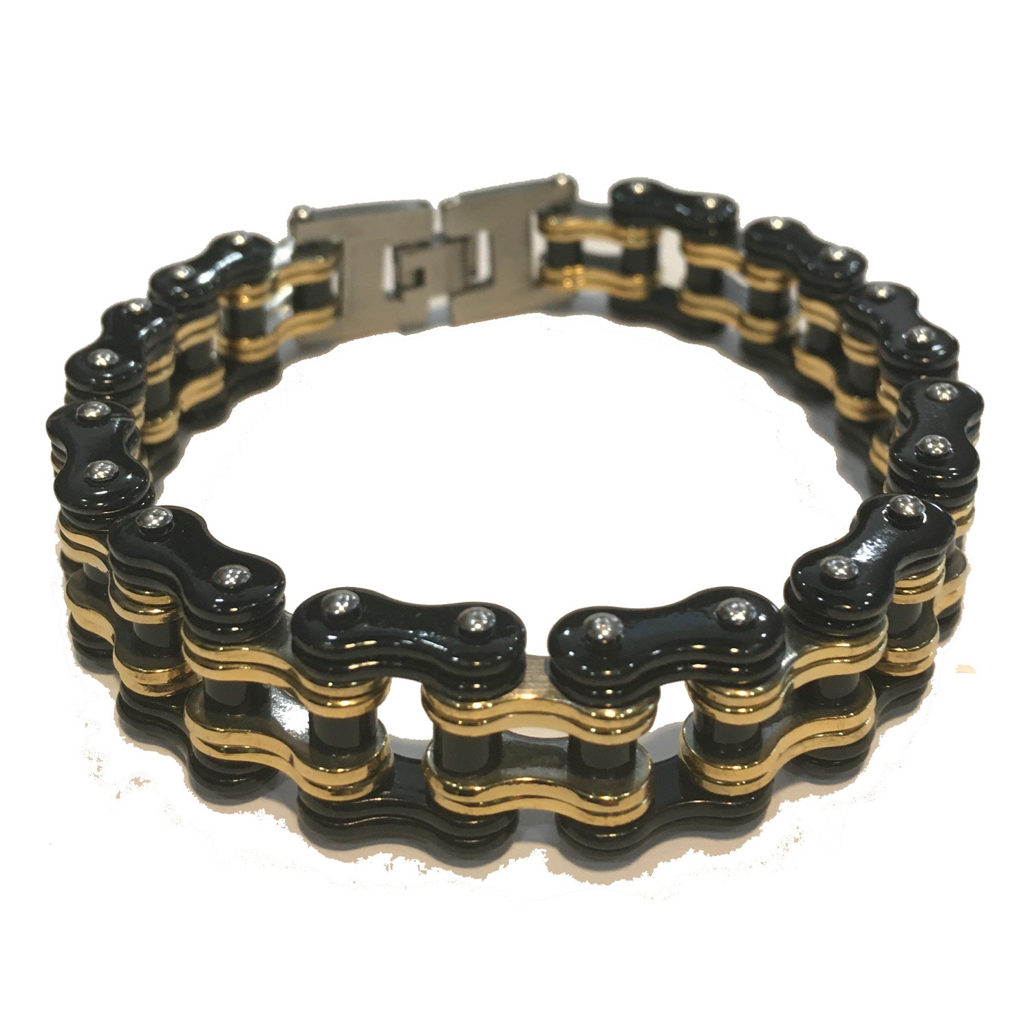 BLACK & GOLD MENS MOTORCYCLE CHAIN BRACELET STAINLESS STEEL 8 1/2