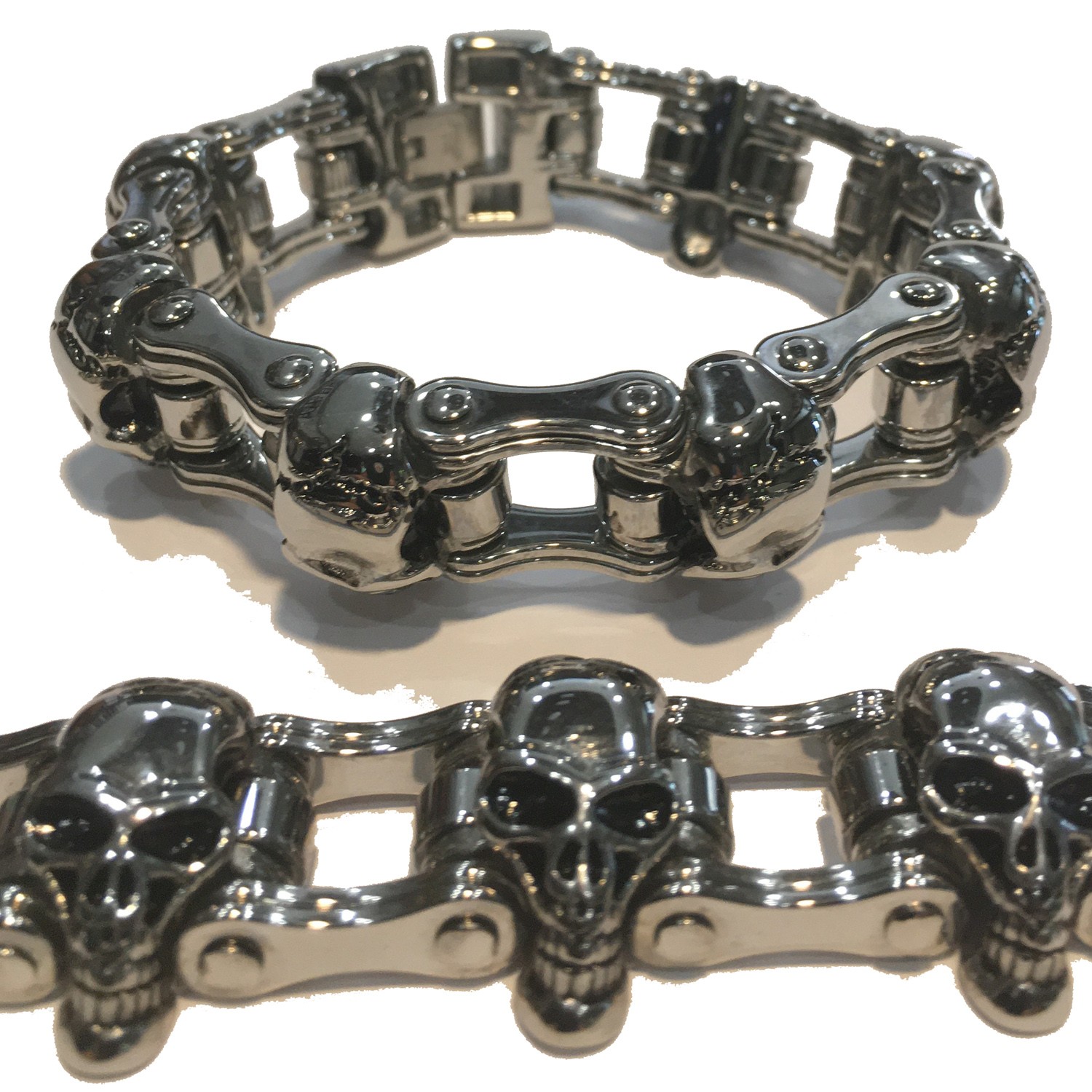 SHINY SILVER WITH 7 SKULLS MENS MOTORCYCLE CHAIN BRACELET STAINLESS STEEL 9