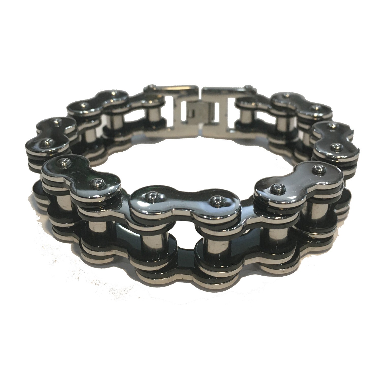 SHINY SILVER & BLACK MENS MOTORCYCLE CHAIN BRACELET STAINLESS STEEL 9-1/4