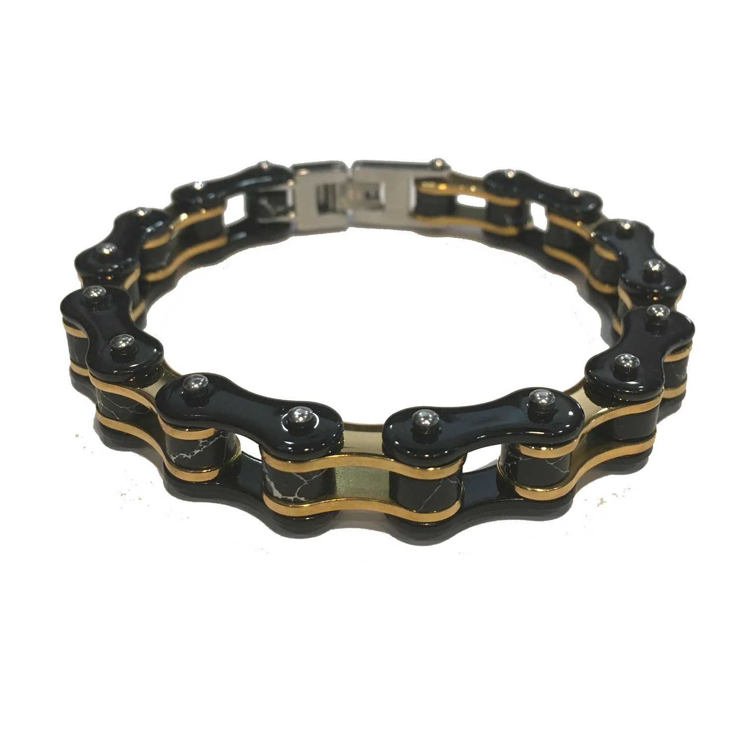 BLACK & GOLD MENS MOTORCYCLE CHAIN BRACELET STAINLESS STEEL 8 3/4