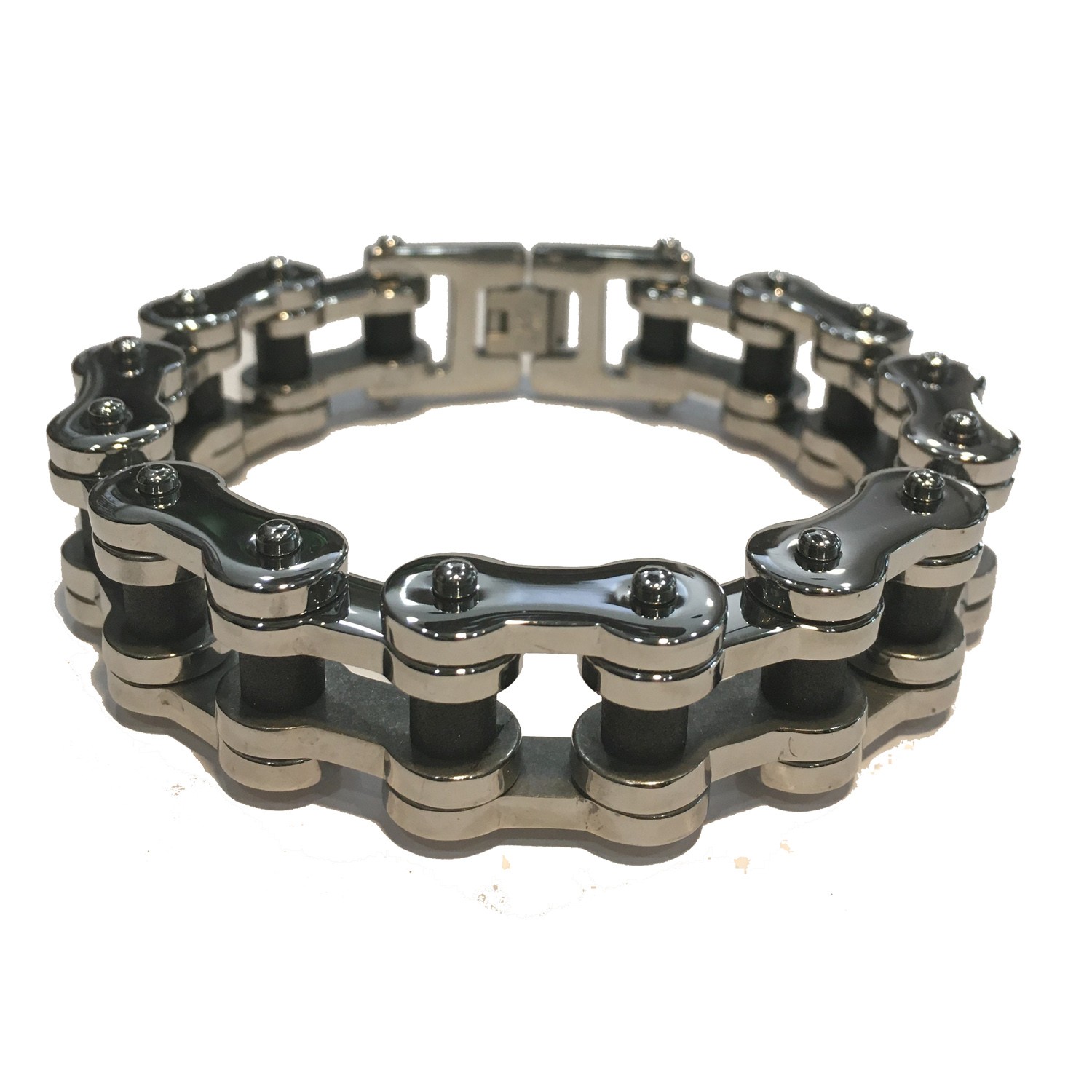SHINY SILVER WITH BLACK CENTER MENS MOTORCYCLE CHAIN BRACELET STAINLESS STEEL 9-1/4