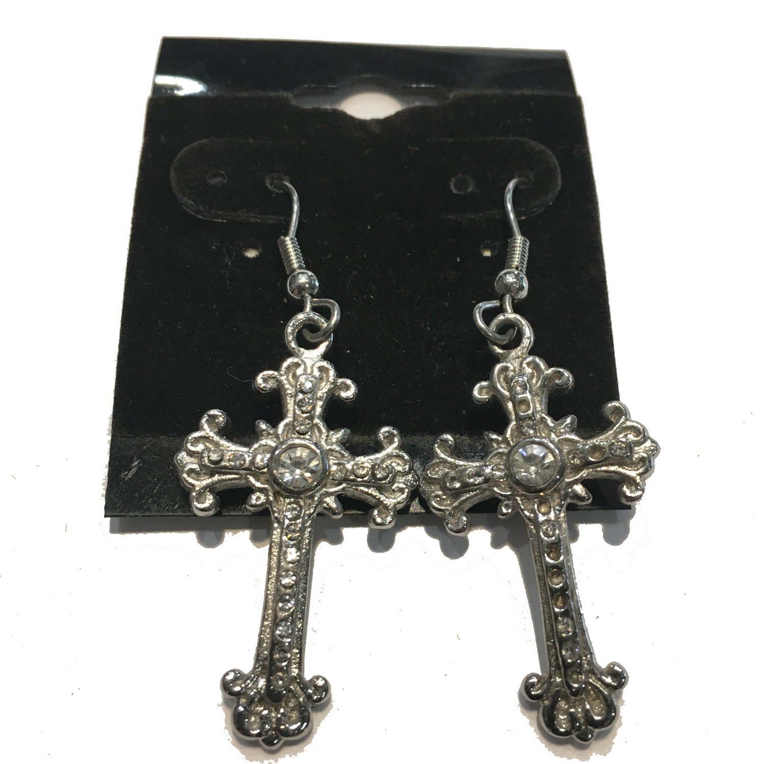 EARRINGS SILVER CROSS EARRINGS WITH CLEAR CRYSTALS STAINLESS STEEL